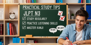 List of study tips for passing the JLPT N3 test on a board.