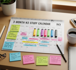 Three-month study schedule for JLPT N3 test preparation.